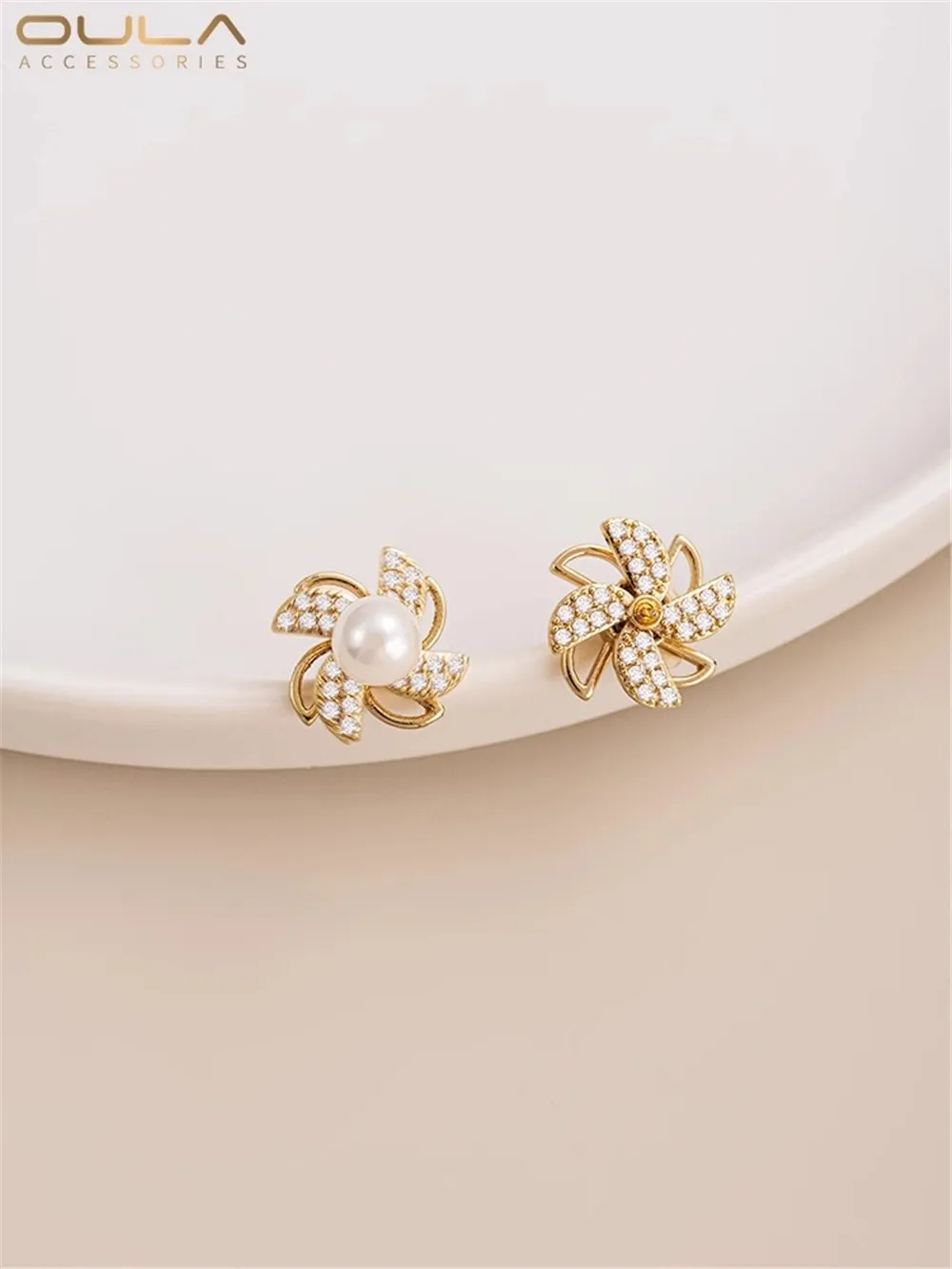 

Rotary Pinwheel Studs Half Hole Pearl Bracket 925 Silver Needle Diy Delicate Temperament Earrings High Sense Earrings