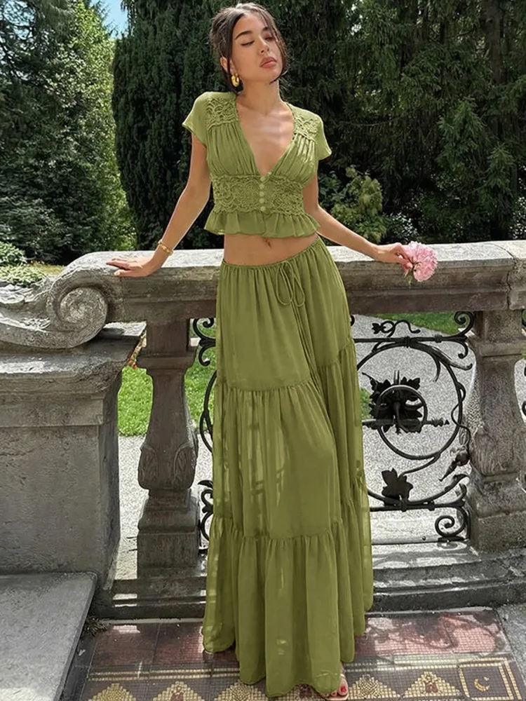 

Sexy Lace Skirt 2 Pieces Sets Women Chiffon Cardigan Ruched Short Sleeve Top And Loose See-through Solid Long Dress Set