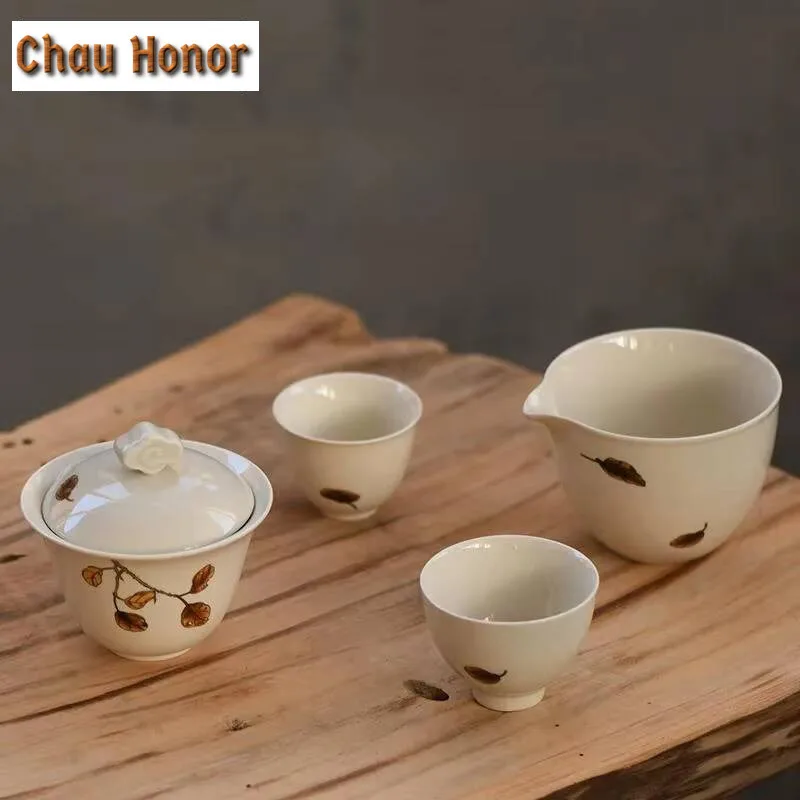

Retro Honey Gray Color Ceramic Tea Set Kit Luxury 1 Pot 2 Cups Household Tea Maker Travel Tea Set Handbag Supplies Decoration