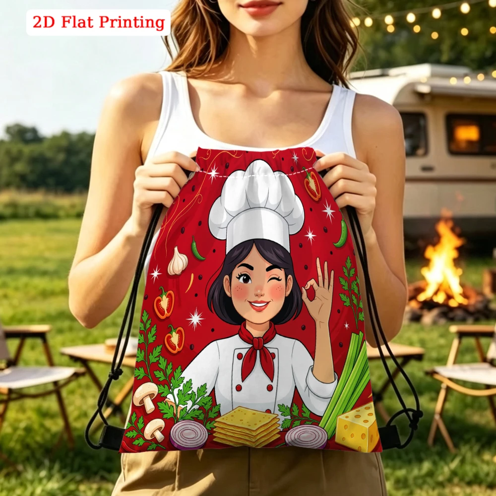Cartoon Chef Girl Vegetable Pattern 2D Print Drawstring Backpack Fitness Sports Outdoor Travel Bag
