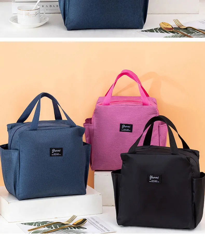 Double Pockets Portable Lunch Bag Lunch Box Insulated Canvas Tote Bag School Lunch Portable Dinner Box Picnic Food Storage