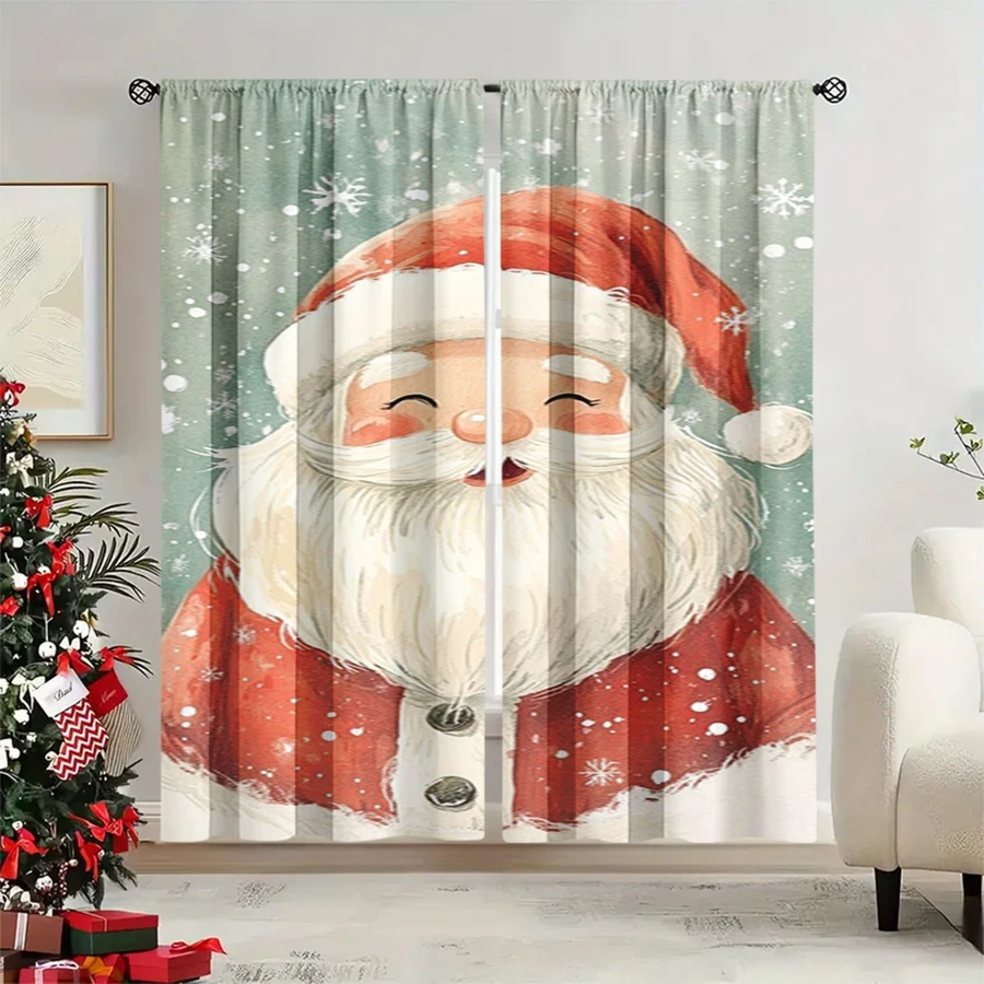 2PCS Christmas Winter Curtains, Watercolor Santa Claus Green Background Snow, Digital Print, Bedroom Living Room, Home Decor