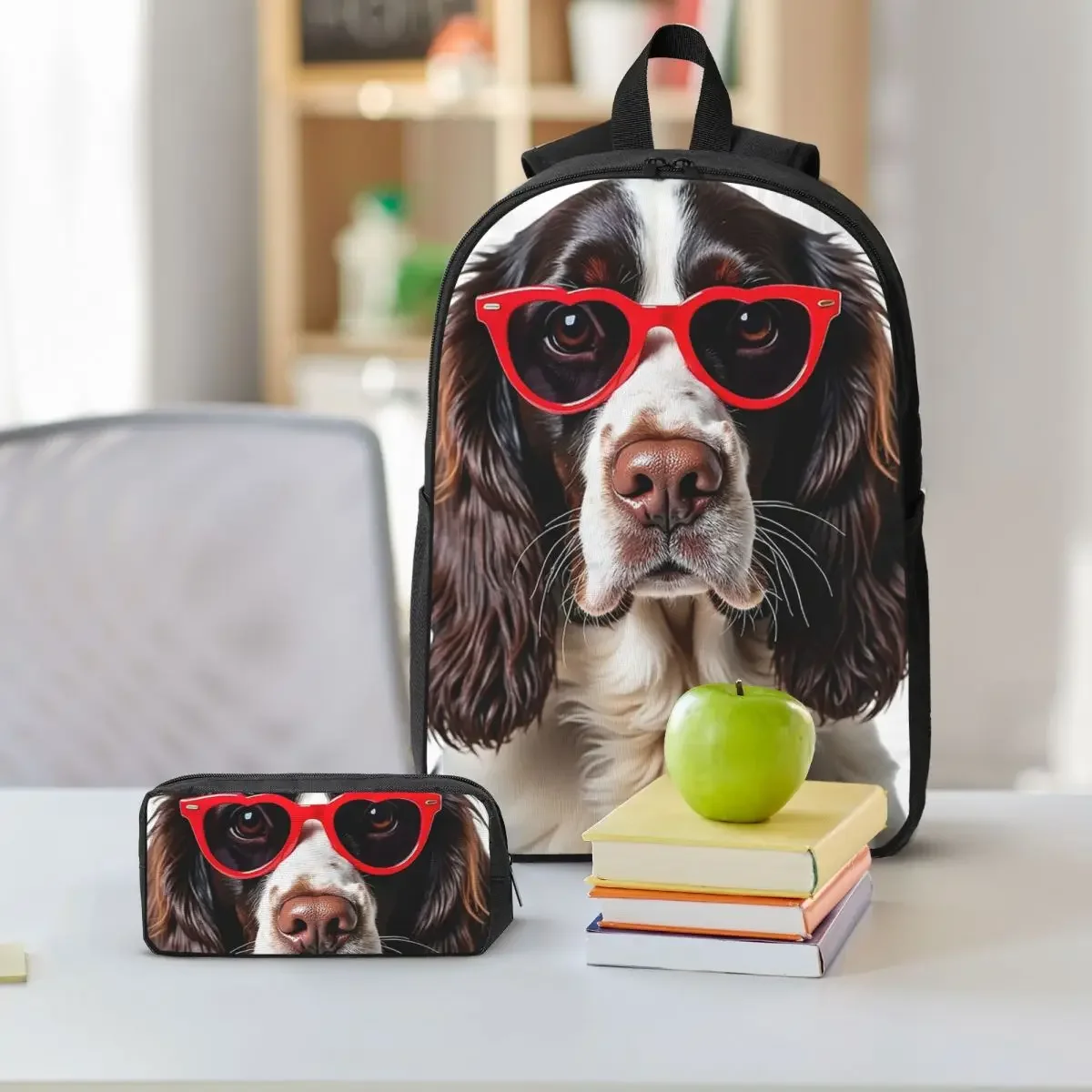 English Springer Spaniel Dog Wearing A Heart Shape Sunglasses Backpack BookBag School Bag 3ps Insulated Lunch Bag Pencil Case