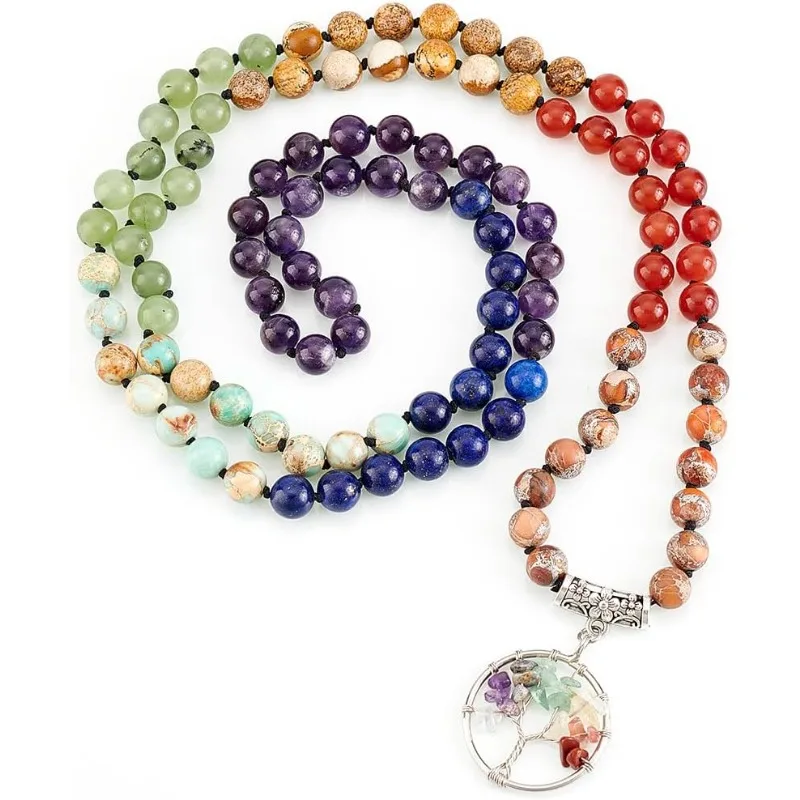 

1 шт., 7 чакр, 108 мала, бусины, ожерелье, браслет из бисера, ожерелье из натурального смешанного камня, кулон «Древо жизни», ожерелье с круглой подвеской