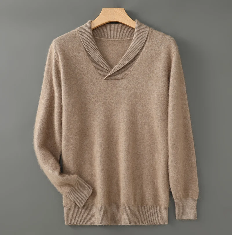 Autumn Winter Men's 100% Mink Cashmere Sweater Round Neck With And Loose Padded Long Sleeve Business Casual Bottoming Knit Top