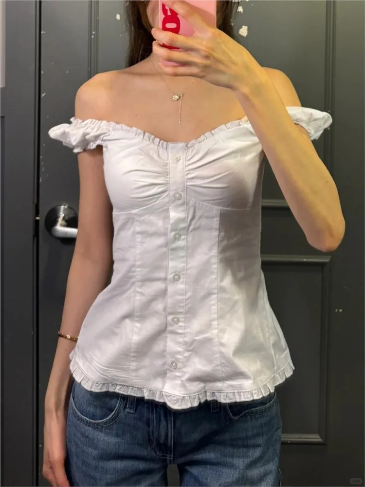 

White Folds V-neck Button Blouse Top Women New Cotton Slim Ruffle Sleeveless Tank Tops Vest Sweet Cute Preppy Style Camisole Y2K
