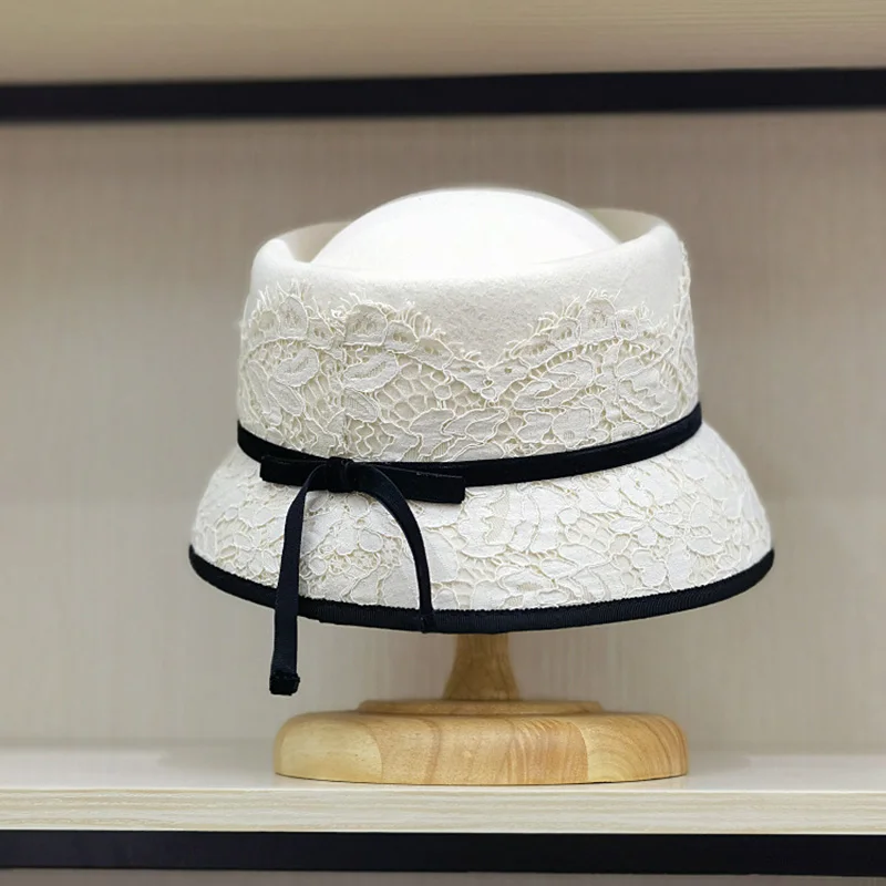 Fashion Japan Women 2023 Winter Bucket Hat Belt Lace Decoration Sun Protection Cap Female Concave Top Fedora Hat Wool White Hats