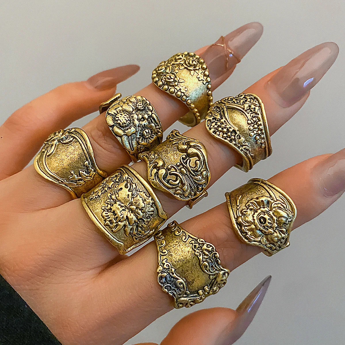 Vintage Tribal Pattern Open Knuckle Rings Collection Punk Distressed Antique Alloy Chunky Statement Finger Jewelry