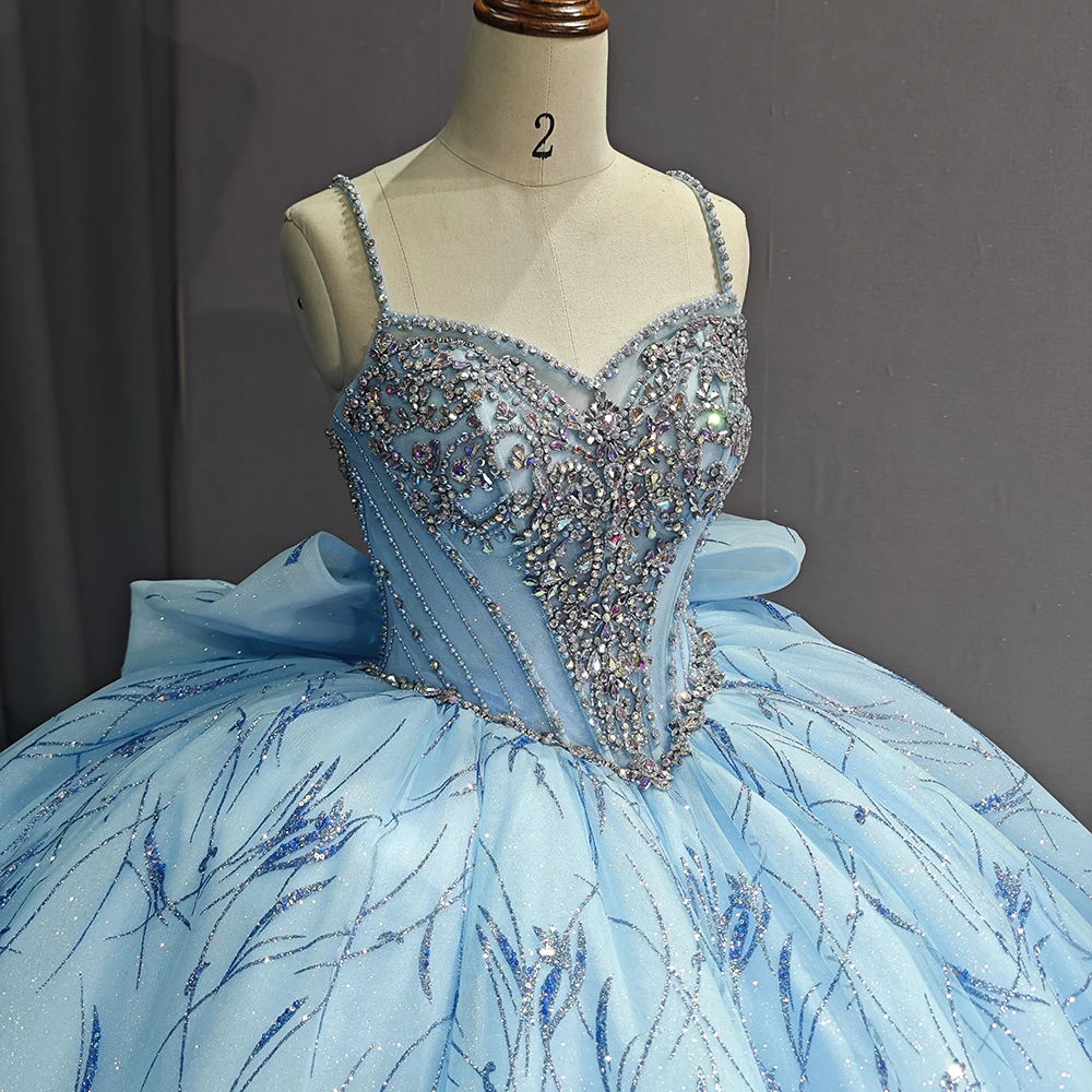 Sky Blue Glittering Quinceanera Dresses Lace Beading  Formal Birthday Ball Gown Vestidos De 15 Anos Gown 6787