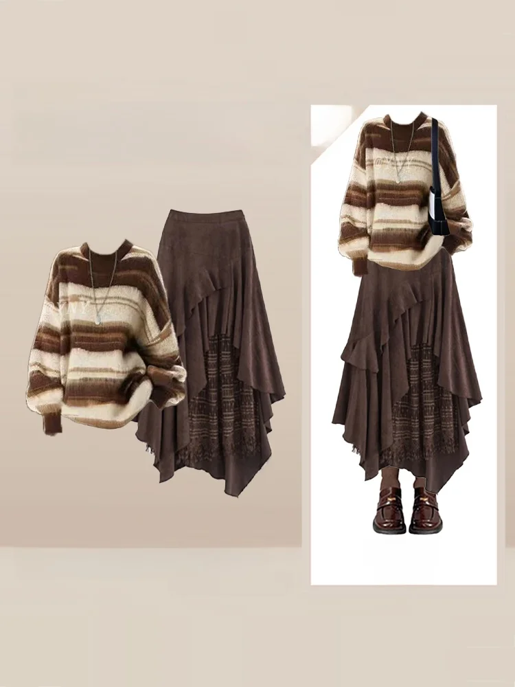 

Зимний винтажный комплект: вязаный свитер и юбка миди с высокой талией в клетку, с асимметричным подолом, для женщин