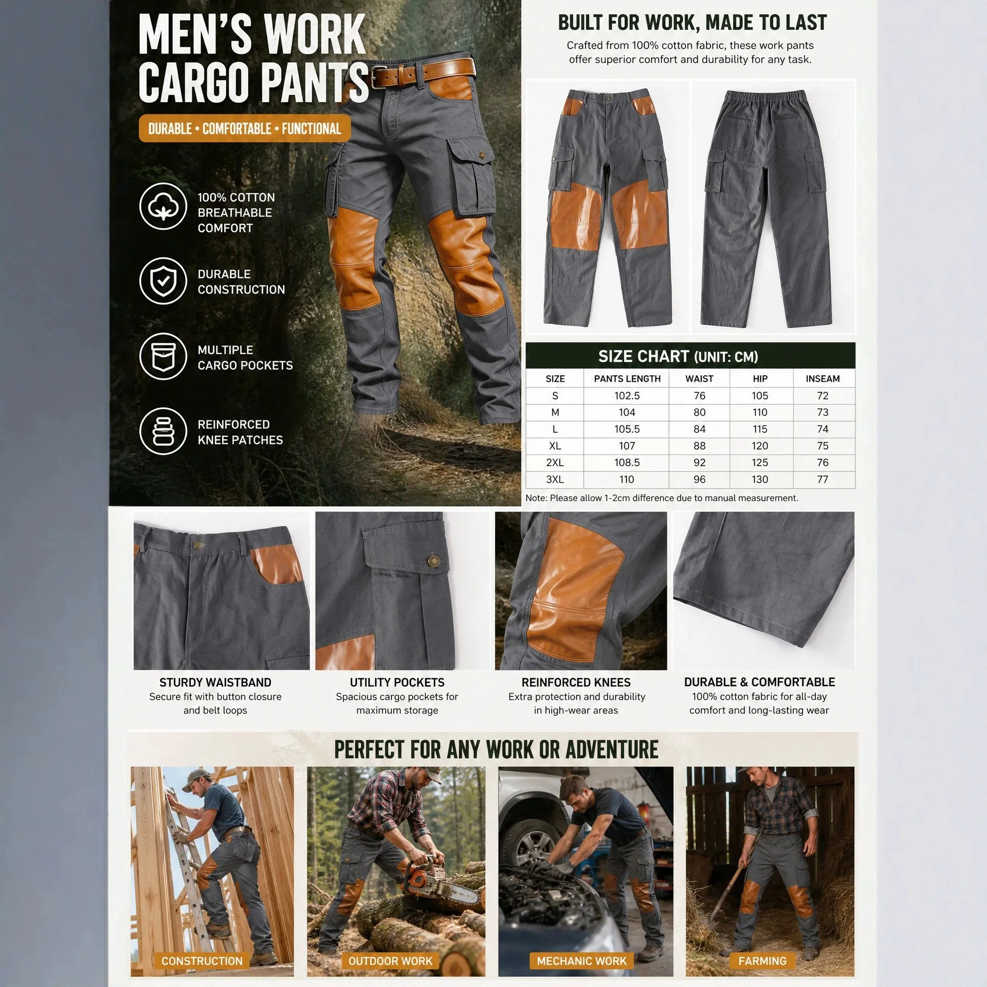 Herrenhose in großer Größe, lässige Passform, Baumwollhose, elastischer Bund mit Kordelzug, Jogginghose für Herren, Sommer- und Frühlingshose. – Detail 8