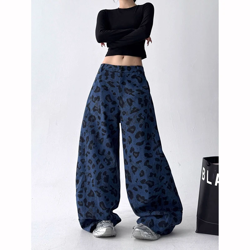 

Women Vintage Blue Leopard Y2k Baggy Jeans 2025 Autumn Streetwear Wide Leg Denim Trousers Aesthetic 2000s Oversize Pants