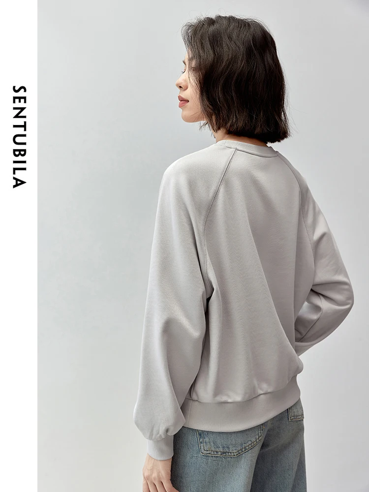 SENTUBILA Letter Print Cotton Knit Sweatshirt Women 2024 Autumn Casual Loose Round Neck Simple Comfort Clothes Women 143A56705