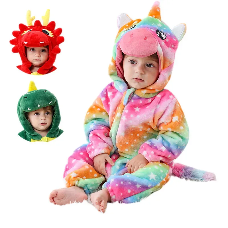 

0-3Y Dinosaur Costume for Toddler Baby Flannel Hooded Bodysuit Halloween Dress Up Party Christmas Set Baby Animal Costume