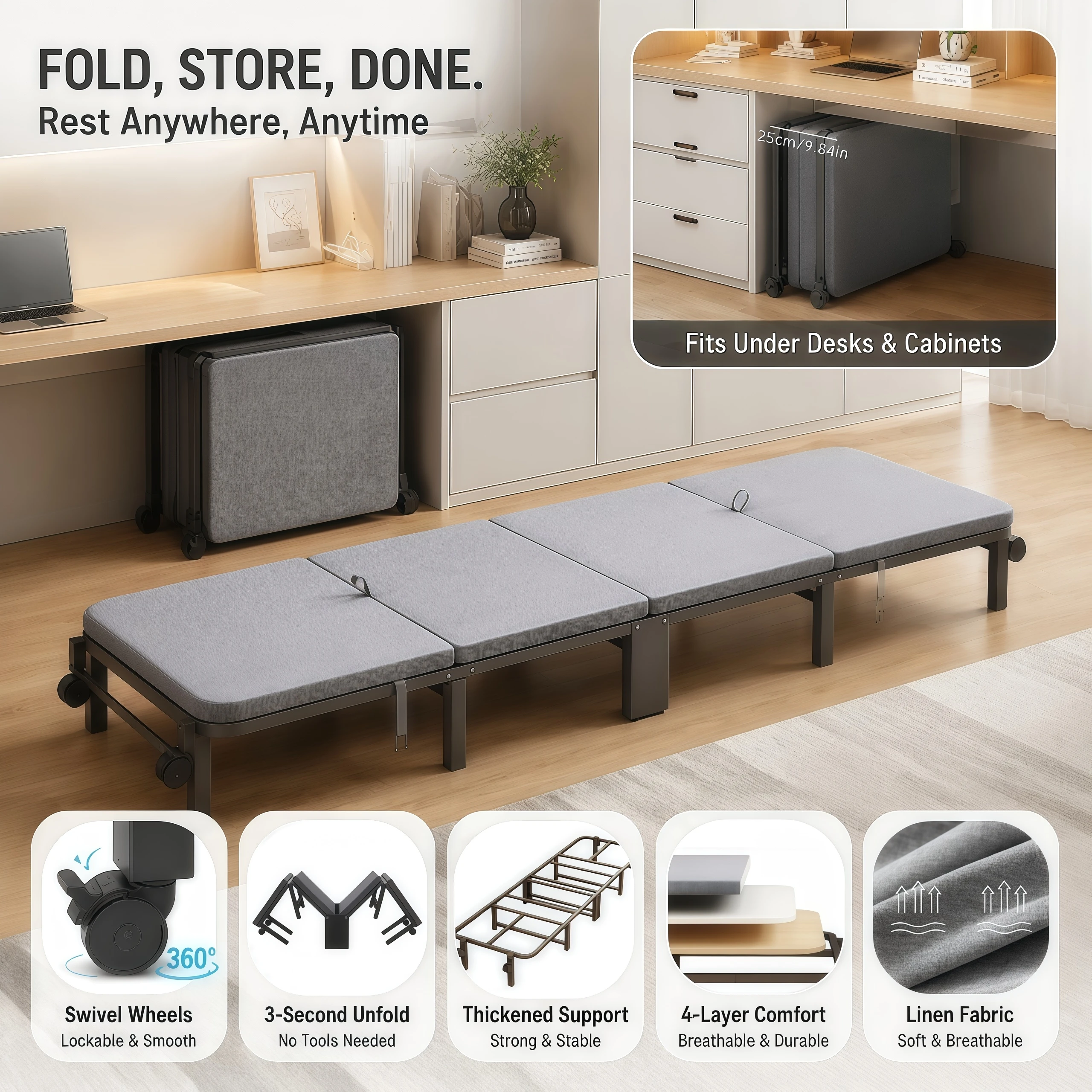 【Platform-certified high quality】1 piece 71inch gray folding bed, unfolds in three seconds, a camping essential, suitable for office lunch breaks, camping, garages, dormitories, and small apartments.