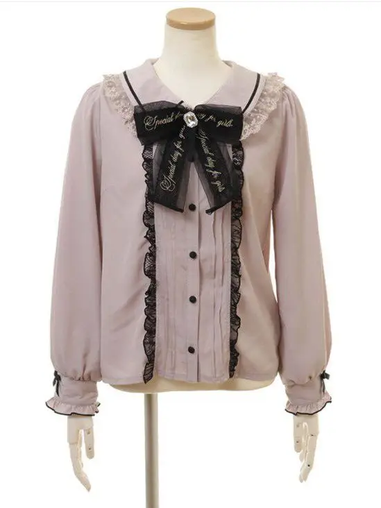 Sweet Cute Long Sleeve Lace Shirt with Letter Print Gored Skirt And  Knot Lovely Lolita Style Women's Fashion