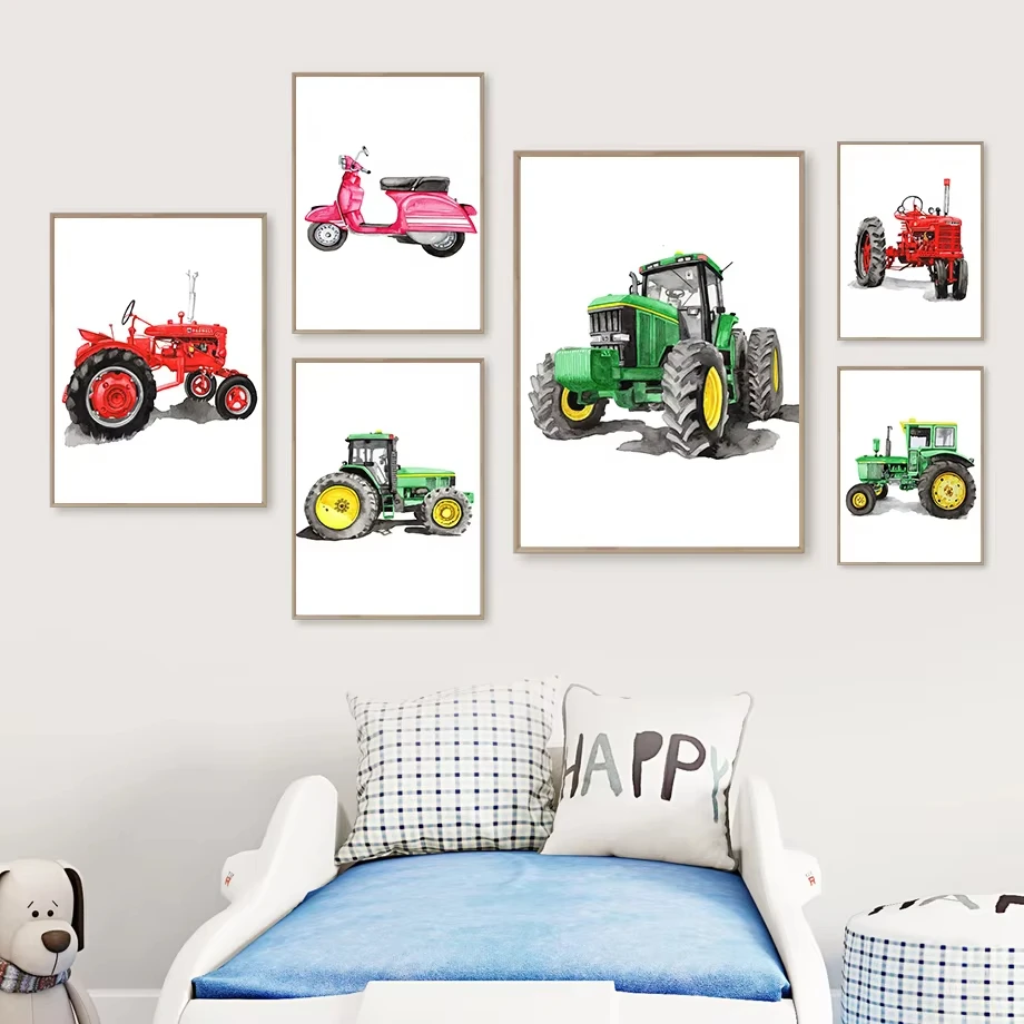 Excavator Bulldozer Loader Scooter Farm Tractor Wall  Canvas Painting Nordic Posters And Prints Wall Pictures Kids Room Decor