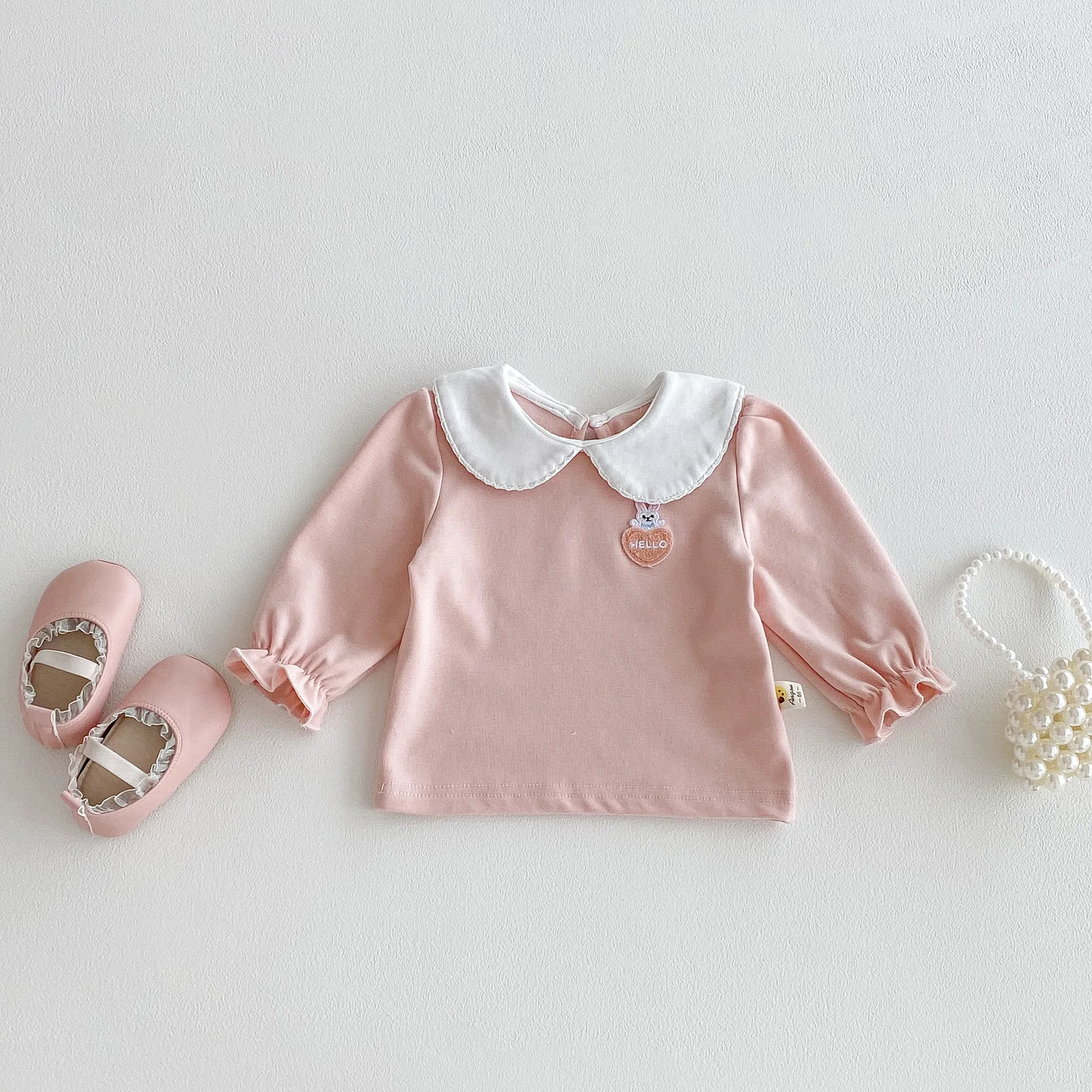 

2025 Baby Clothes 0-3Y Cotton Long Sleeve T-shirt for Baby Girls Tee Peter Pan Collar Rabbit Accent Soft Adorable Daily Top