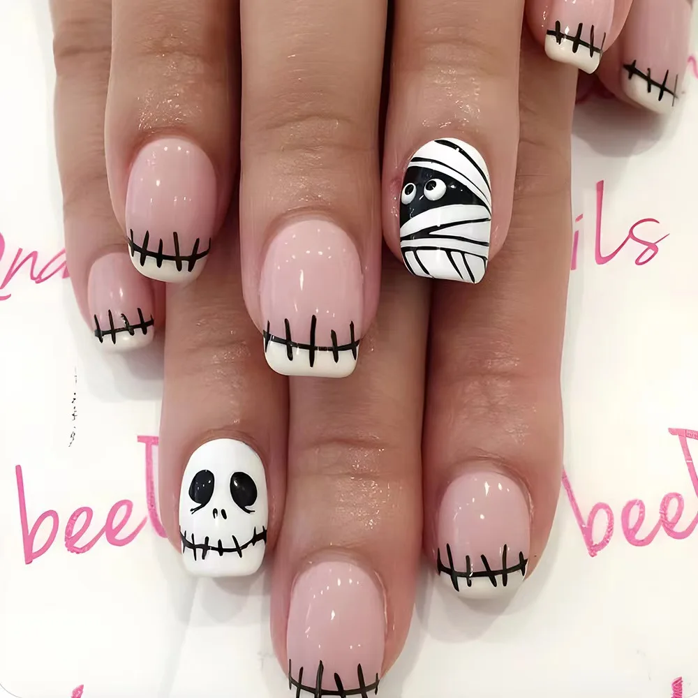 Uñas postizas cuadradas para Halloween, uñas postizas de cobertura completa, 24 piezas