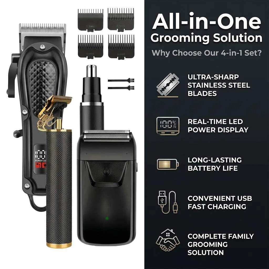 4 in 1 Men's Hair Clipper Set, Cordless Electric Trimmer, Foil Shaver & Nose Trimmer Kit,Beard Cutter, USB Rechargeable Grooming Kit with LED Display, Multiple Guide comb view 2