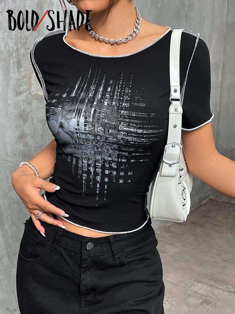 

Goth Dark Cyber Y2k Techwear Fashion Graphic T-shirts Punk Contrast Stitching Black Crop Tops Short Sleeve Streetwear Women Tees