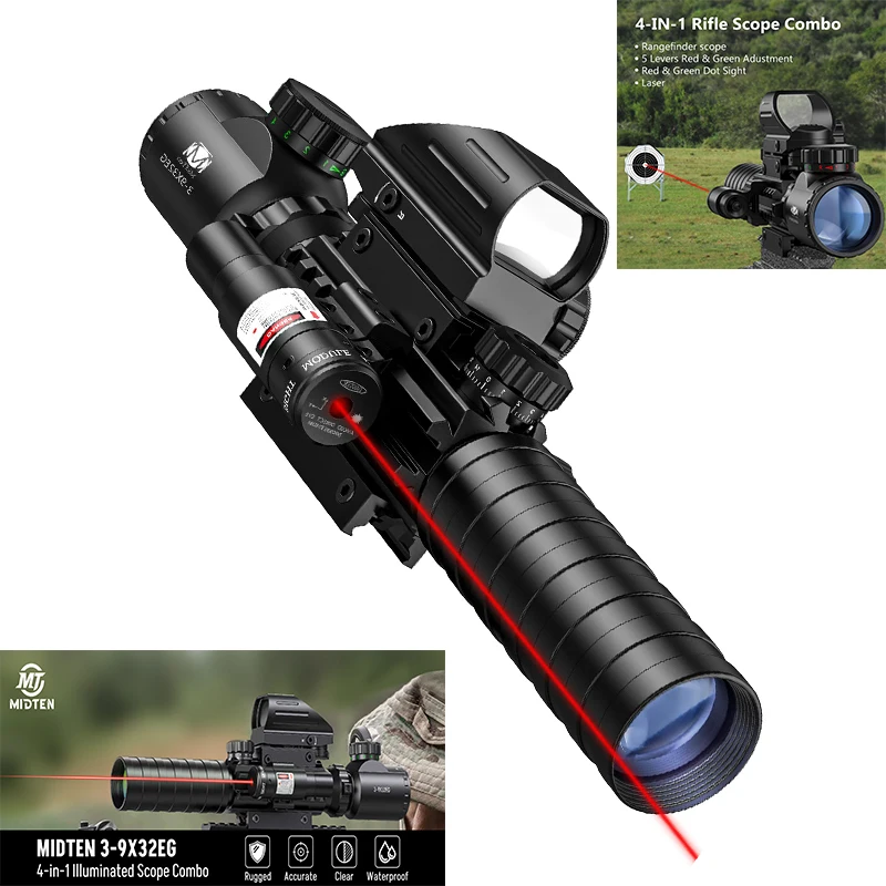 

MidTen 3-9x32 Scope Optics Riflescope Combo & 4 Holographic Reticle Red/Green Dot Reflex Sight & Red Laser Sights for Picatinny
