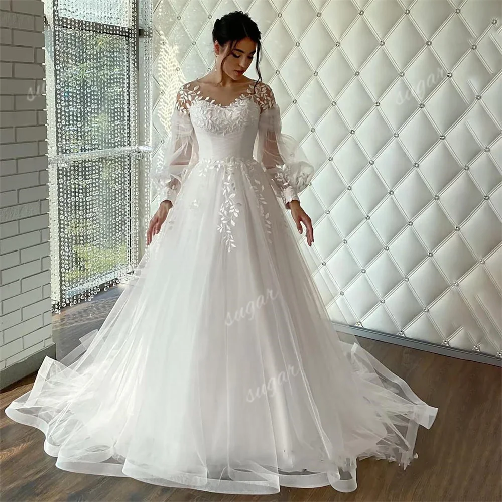 Precioso vestido de novia de manga larga de encaje para mujer, vestido de novia de tul, una línea, cuello en V, botón trasero