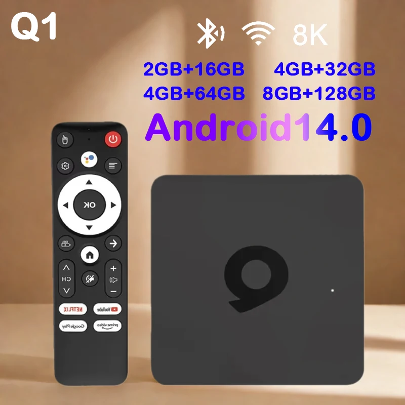 Q1 Android14 Smart TV Box 4K 8K Video HDR10+ H313 2.4G&5G Dual Wifi 16G 32G 64G 128G Global Version Voice Assistant Media Player