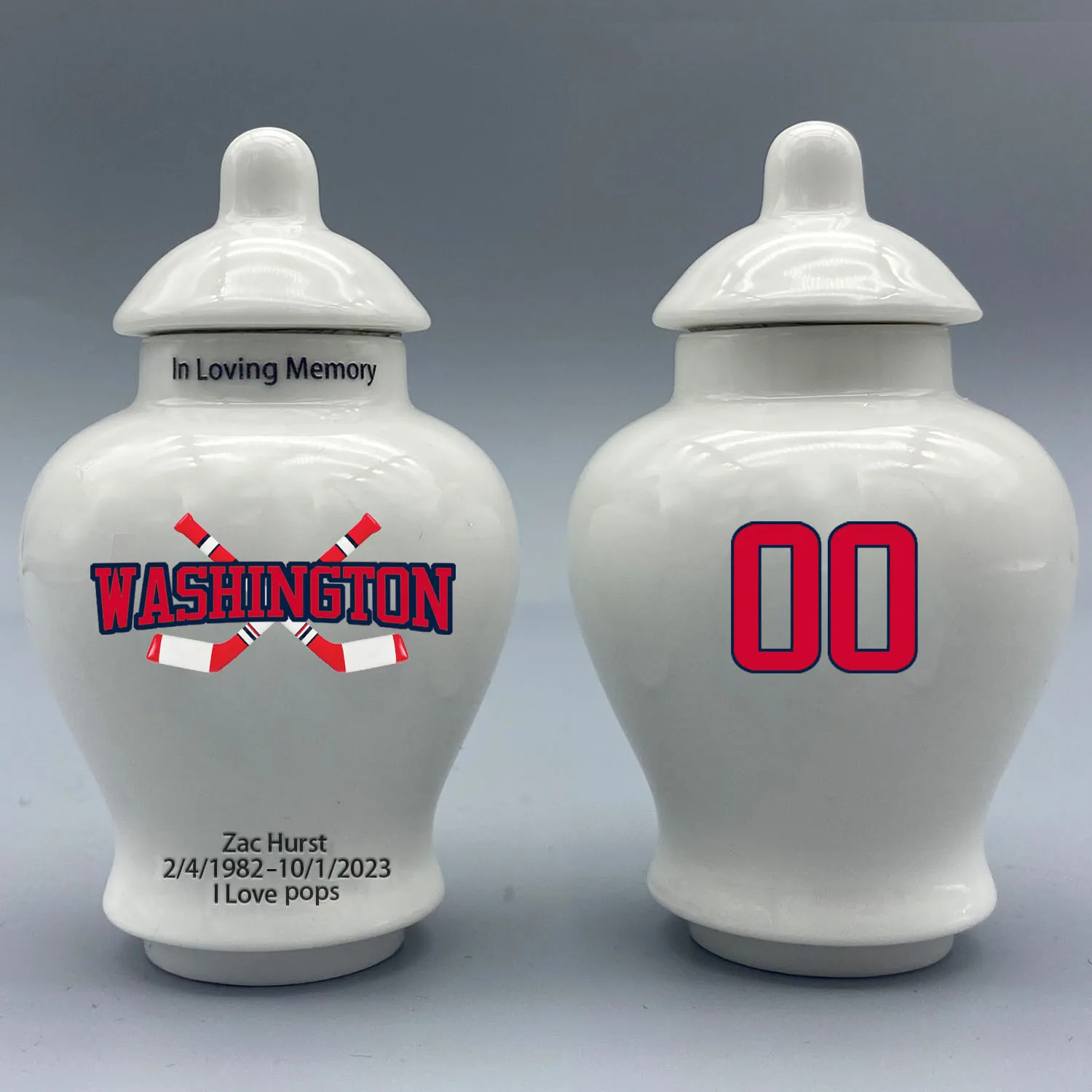 

Mini Urn for Washington Capitals-themed Hockey Urn.Please send me the customization information-name/date and number on the urn