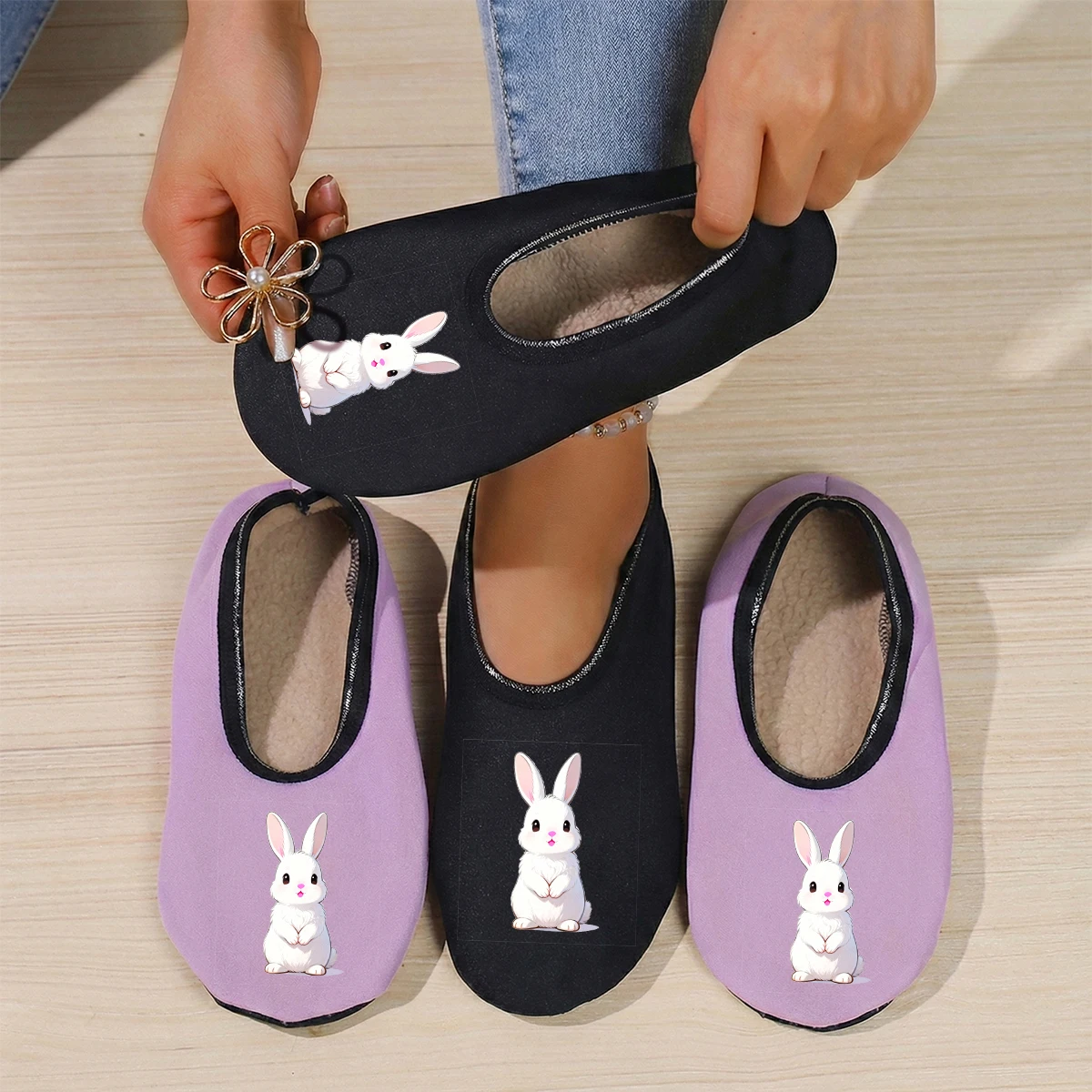 

Four season wearable women's cute little animal rabbit print suede breathable high elasticity indoor anti slip floor slippers