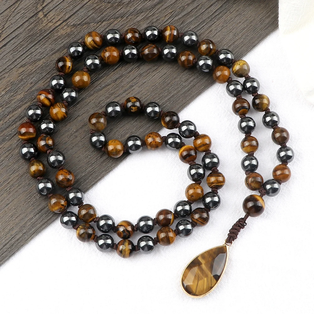 8mm Tiger Eye Stone Necklace Drop Pendant Handmade Knotted Irregular Hematite Beaded Necklaces Health Protection Mala Jewelry