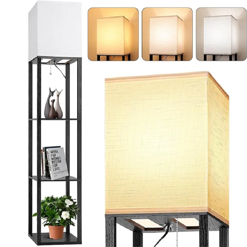 

Modern LED Shelf Floor Lamp with 3 Colors Bulb White Linen Shade Wooden Shelves Living Room Bedroom Decoration Stand Lighting