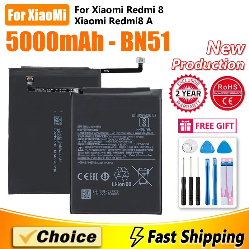 

1 шт., 5000 мАч, оригинальный аккумулятор для Xiaomi Redmi 8 Redmi 8A Redmi8, BN51, новый сменный литиевый аккумулятор для телефона + инструменты