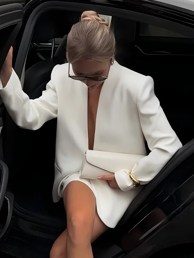 أنيقة العميق الخامس الرقبة زر واحد بليزرات للنساء 2026 شيك كم طويل بدلة فضفاضة مكتب سيدة سترة القمم ملابس خارجية الإناث #3