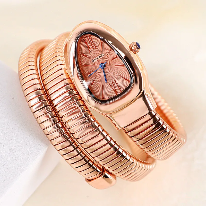 Golden serpentine quartz watch ladies fashion double-ring steel band watch Joker gradient bracelet watch winding