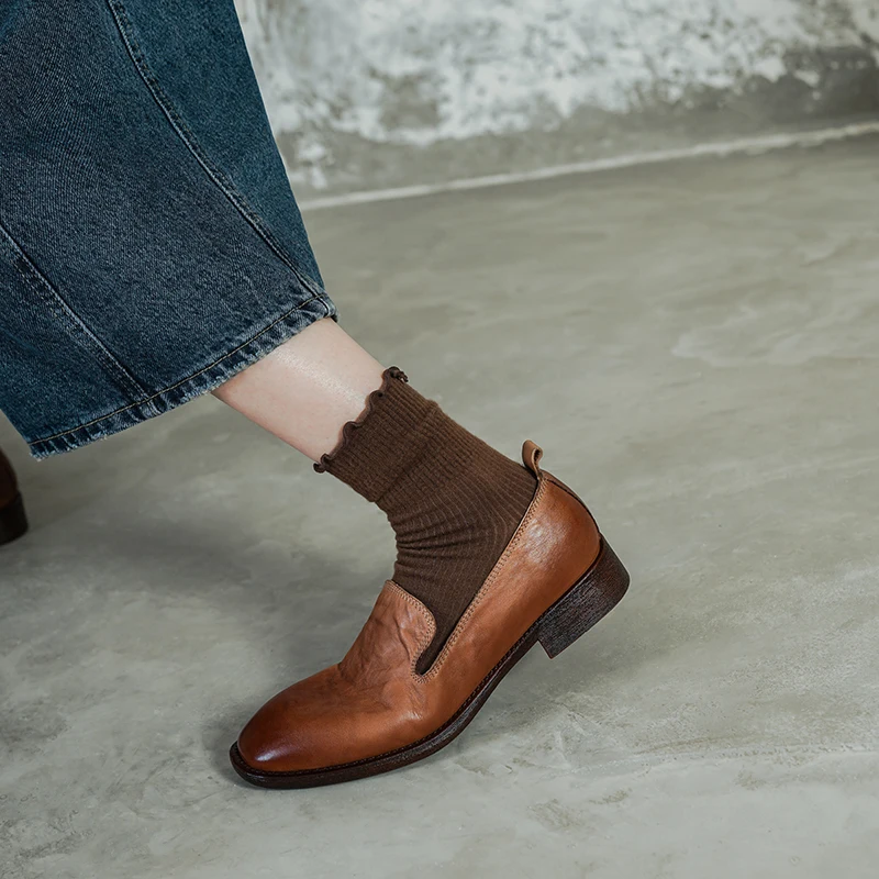 Smallhut novo 2026 tendência primavera genuíno couro de vaca mocassins rua estilo feminino marrom preto sapatos dedo do pé redondo retro baixo bloco s