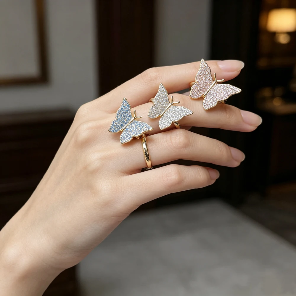 Gold Color White Pink Blue Cubic Zirconia CZ Paved Cute Lovely Butterfly Ring Finger Jewelry