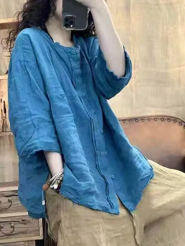 

New 2025 Summer Chinese Sle Linen irt Artistic Vintage Large Size Loose Casual Frayed Women's Linen Top round Ne F...