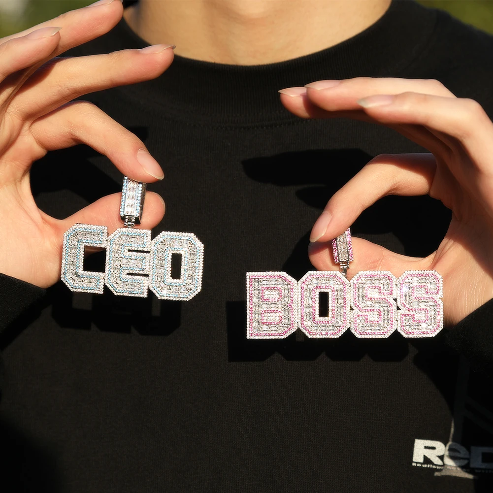 THE BLING KING Custom Bold Baguettecz Letters Pendant Iced Out Blue Pink Cubic Zirconia Name Necklace Hiphop Rapper Jewelry