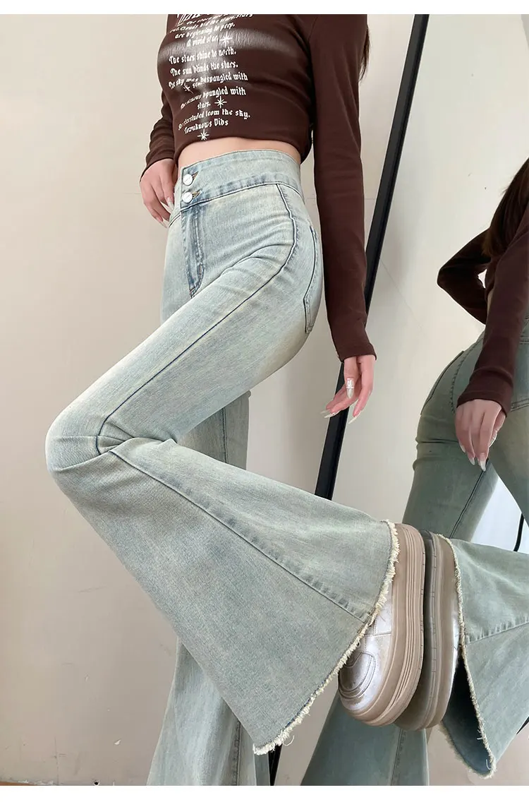 Streetwear Moda Donna Flare Jeans divisi Vita alta Fascia elastica Denim Pantaloni completi estivi Pantaloni dritti casual sottili Wh4