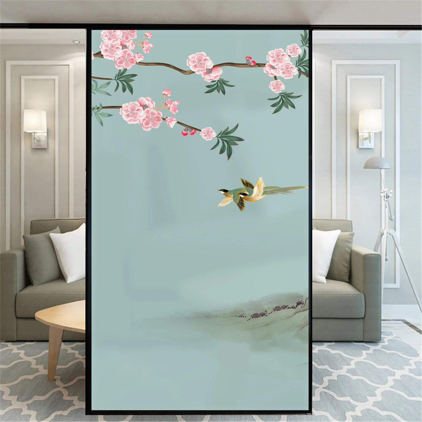 No Glue Static Cling  Privacy Window Film Chinese Bird Flower Painting Stained Glass Decorative Window Sticker  Window Tint 07A