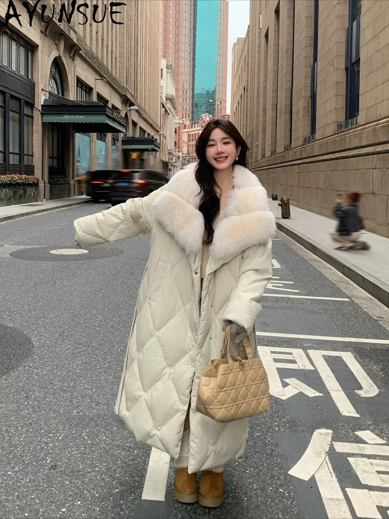 AYUNSUE Women 90% White Goose Down Puffer Coat Winter Real Fox Fur Collar Down Jacket Long Length Clothing Loose Fit New 2026