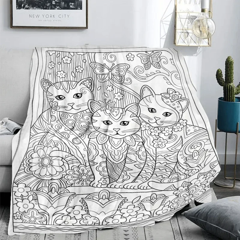 Coloring Page Cat Floral Throw Blanket, Bohemian Line Butterfly Warm Fleece for Couch Trip Household Creative Room Decor