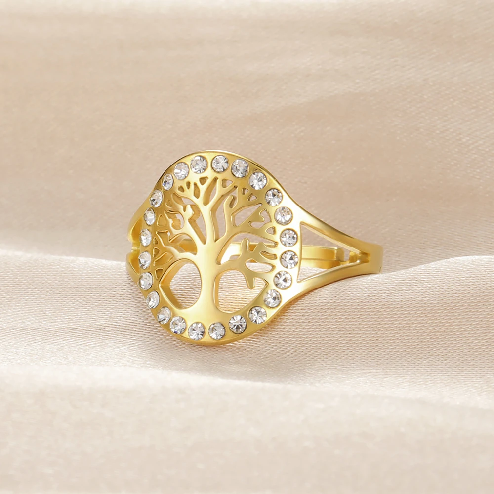 Dawapara Baum des Lebens Damen Ring Klarer Zirkon Verstellbarer Ring Yggdrasil Stammbaum Paar Schmuck Edelstahl Ehering – Detail 14