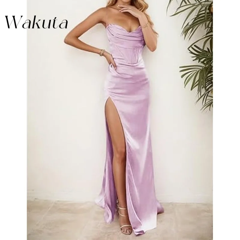 Wakuta-Bata de satén sin tirantes para madre del novio, vestido de noche Sexy, plisado clásico, dividido, Formal, para fiesta de graduación, Mego