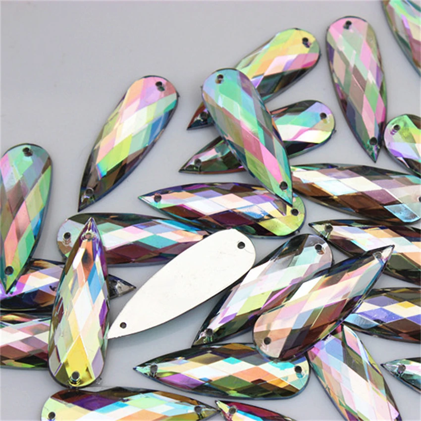 Micui 50PCS 10*30mm Drop Rhinestones Acrylic Crystal Flatback Gems 2 Holes Fancy Strass Stones For Clothes Decorations ZZ111