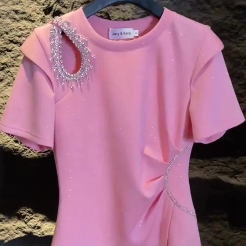 

Футболка большого размера, летняя нерегулярная футболка с открытыми плечами и бриллиантами, модные тонкие рубашки с короткими рукавами и талией для женщин, топы