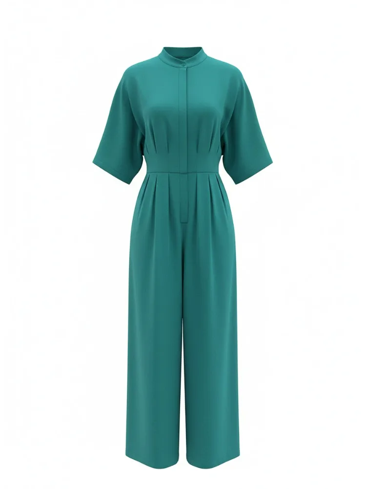 

Bonboho женский зеленый комбинезон с широкими штанинами, воротник-стойка, короткие рукава, высокая талия, полный длинный комбинезон, летние повседневные наряды