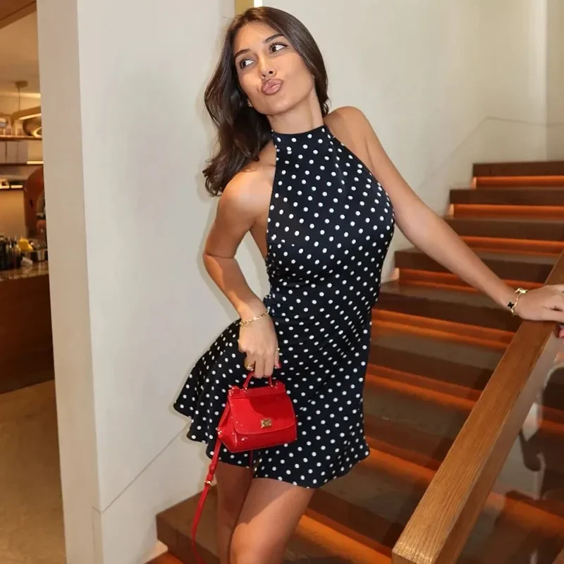 

Fashion Polka Dot Dress Vintage High Waist Sleeveless Backless Neck Lace-up Dress Sexy Party Luxury Women Dresses Y2k