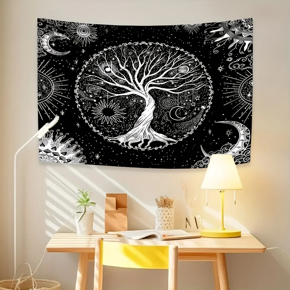 A Set Of Black Bohemian Style Tree Of Life Sun And Moon Elements Beautiful Psychedelic Background Decoration Tapestry